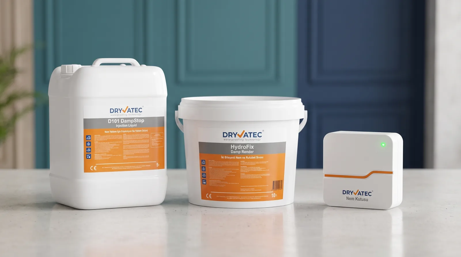 Dryvatec Üçlü Nem Çözüm Sistemi - DampStop enjeksiyon, HydroFix nem sıvası ve Nem Kutusu ürün ailesi bir arada