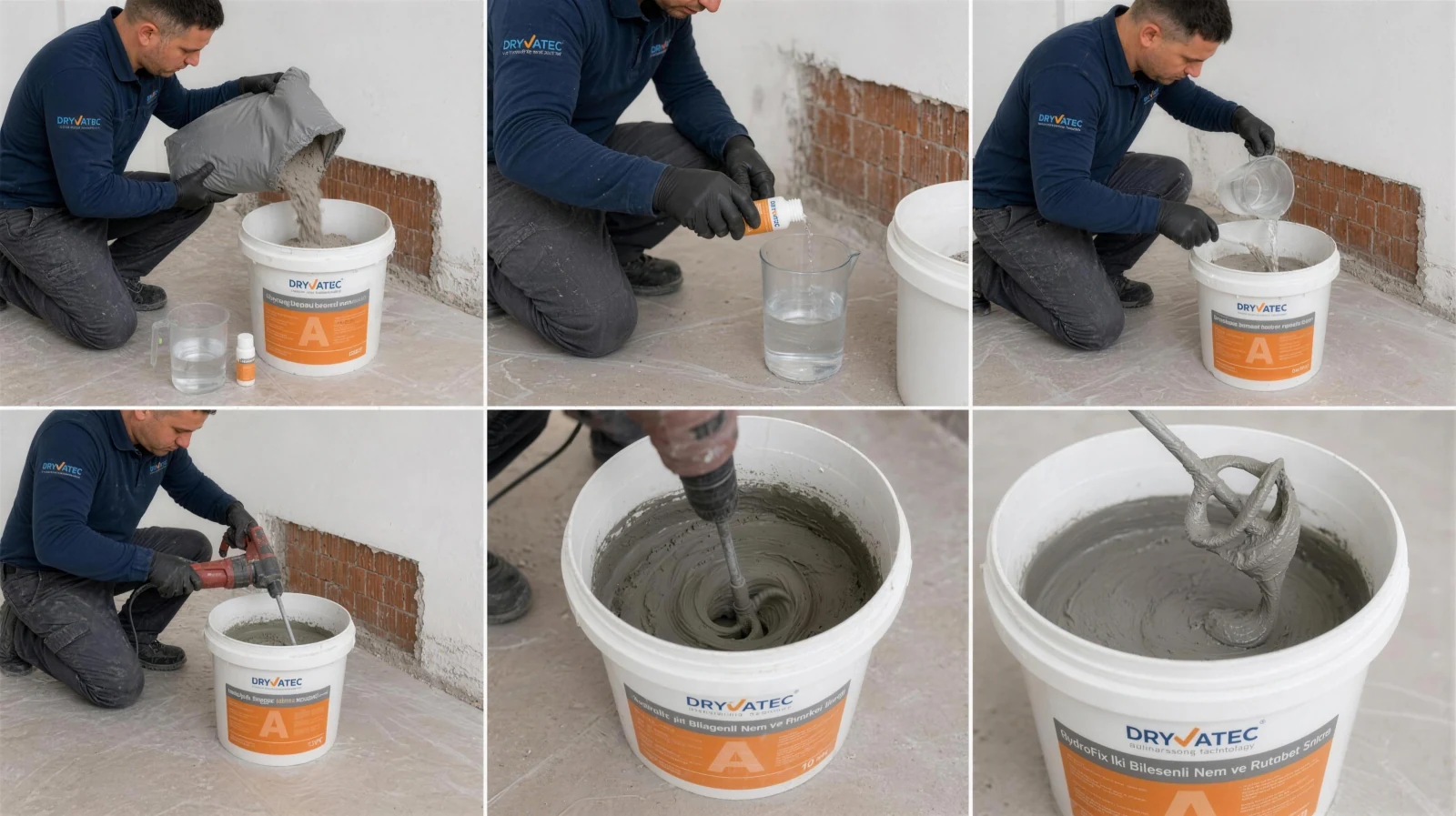 Dryvatec HydroFix nem ve rutubet sıvasının 2 litre su, 100 ml katkı ve 10 kg toz ile karıştırılması