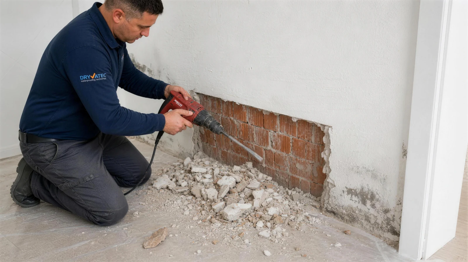 Dryvatec HydroFix uygulaması öncesi nemli ve bozulmuş sıvanın kazınması